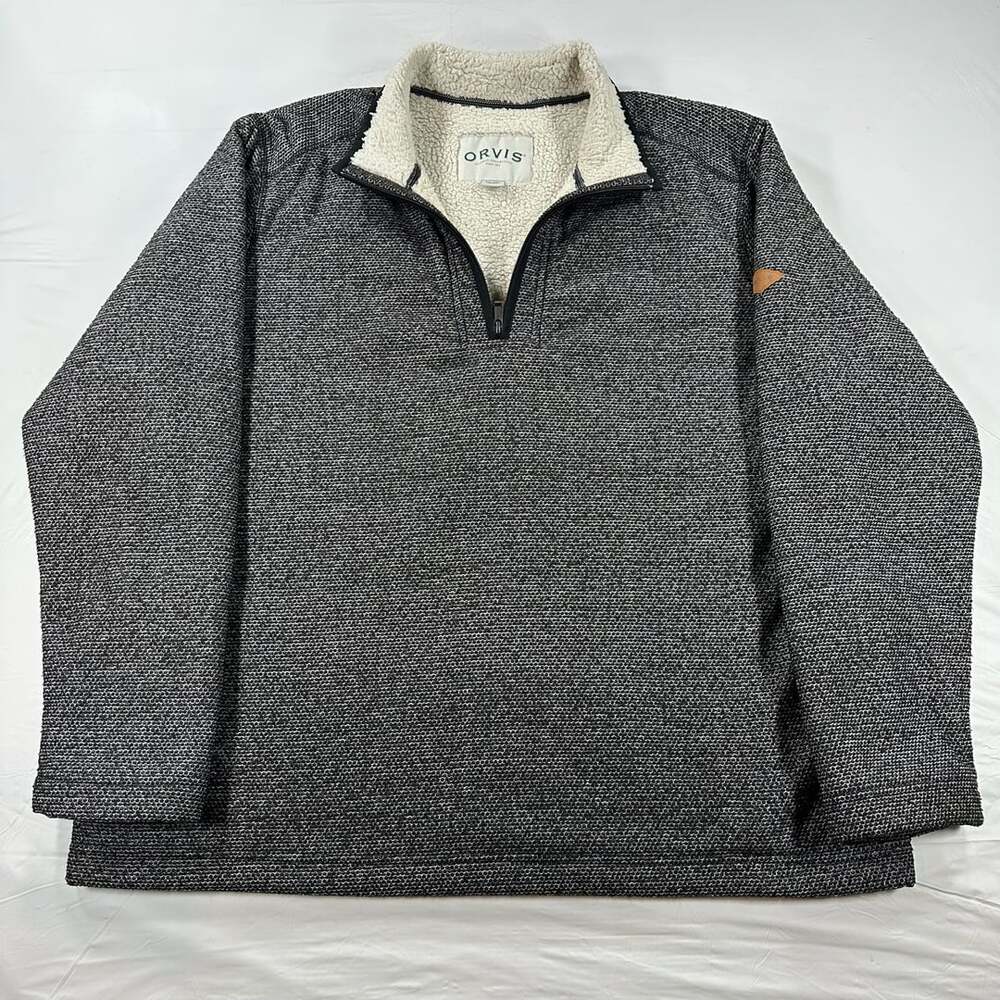 Orvis 1/4 Zip Pullover Fleece Sherpa Lined Sweater Black Gray Knit XL